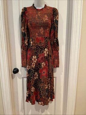 NWT FARM RIO BOHO LEOPARDS FLOWERED SMOCKED MIDI LONG SLEEVE DRESS XS